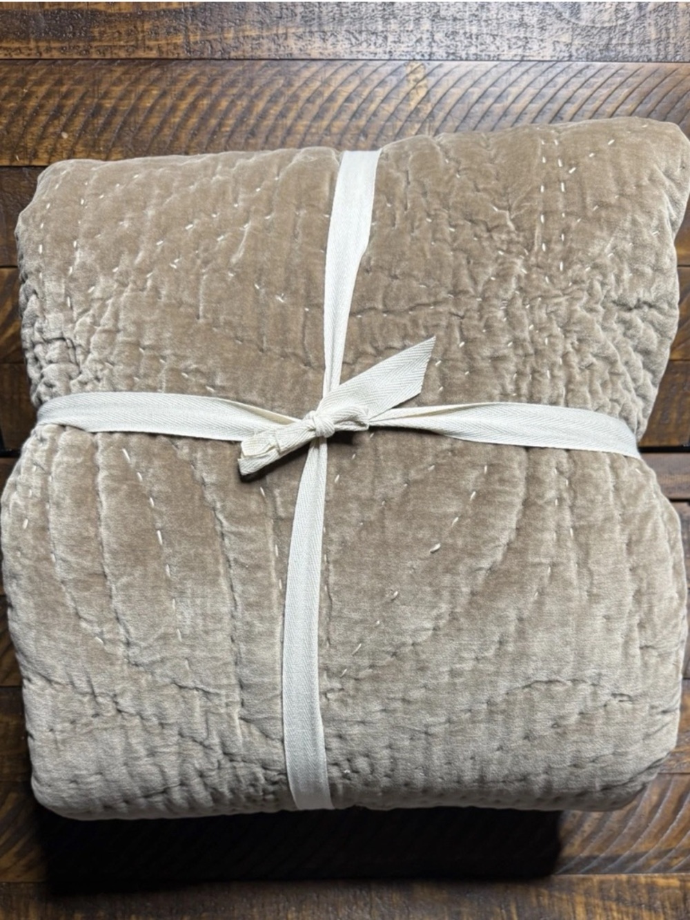 Pottery Barn Follette Velvet King Quilt in Taupe